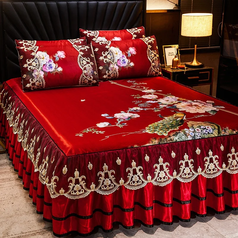 

Summer Ice Silk Cooling Mat Bed Skirt Tee-Piece Set Foldable Anti-Slip Embroidered Waable Air Conditioned Soft Mat Bed Cover