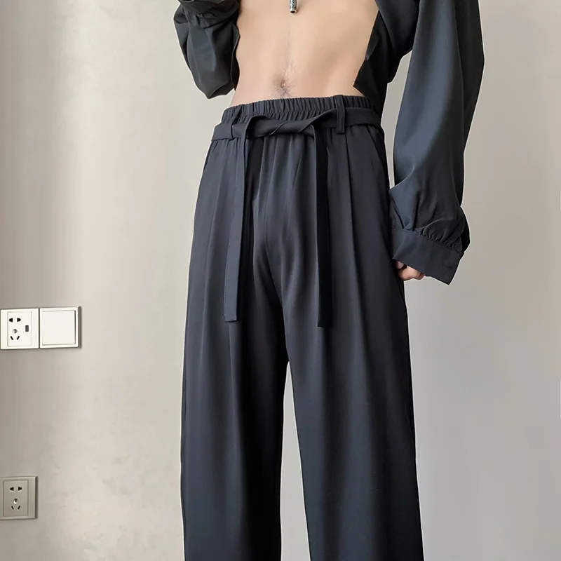 

Black Ice Silk Men's Summer Thin High Waist Loose Straight Leg Suit Pants Drapey Elegant Floor-Length Casual Trousers