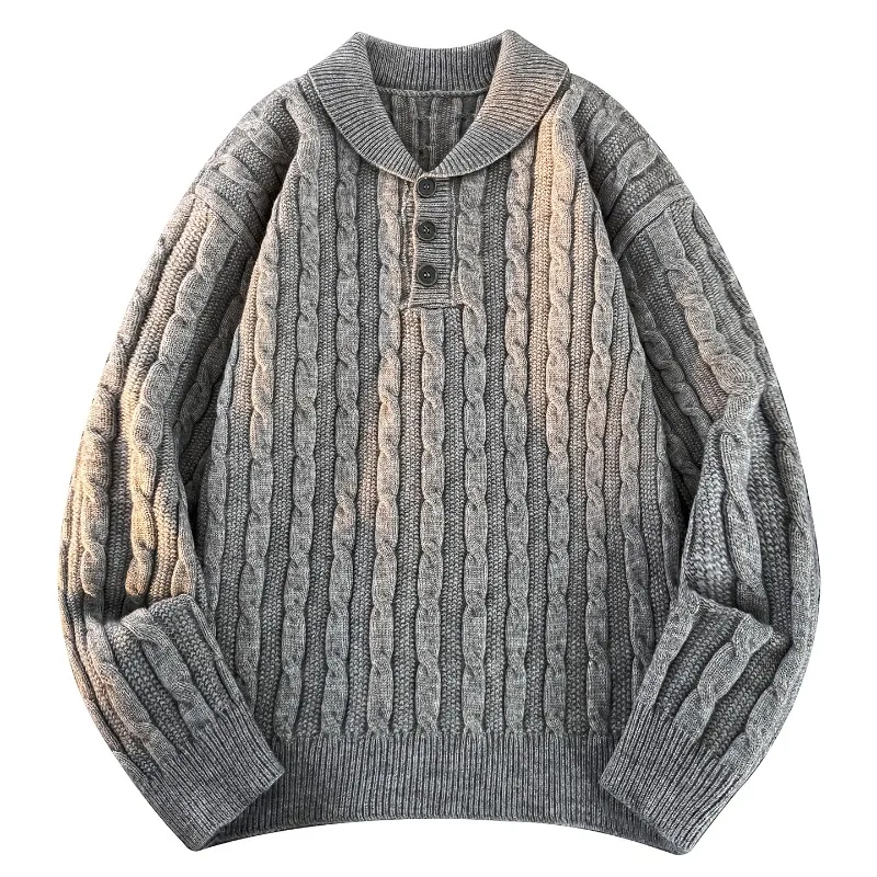 Men Women Autumn Winter Shawl Collar Cable Knit Sweater Loose Fit Versatile Twist Knit Pullover Casual Knitwear