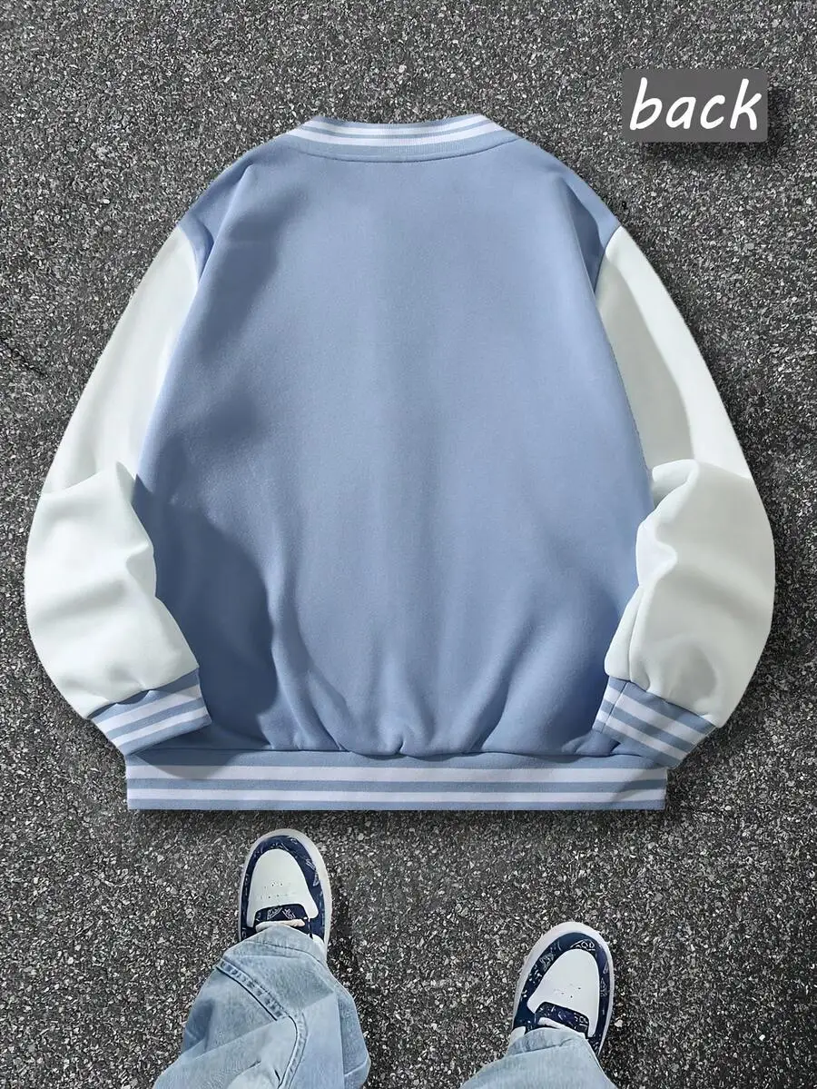 Oversized Light Blue White Color Block Baseball - Streetwear Vintage Inspired Soft Fabric Casual Coat For Men & Women