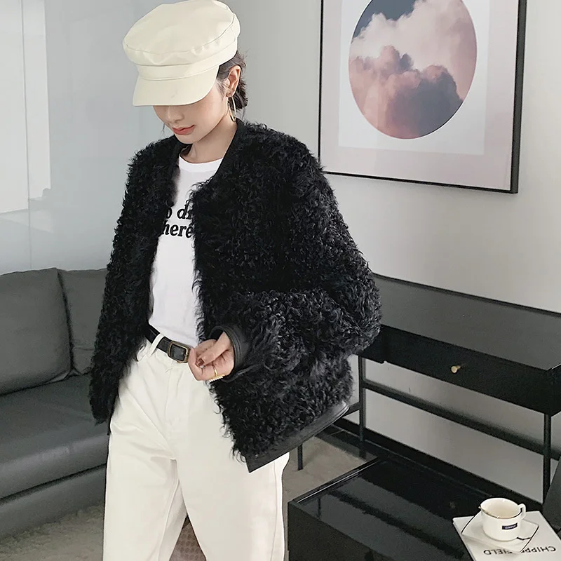 

Female Overcoat Lamb Autumn Fur and Winter Casual Short Sheepskin Splicing Roll Fur Coat Motorcycle Long Sleeve Baseball Jackets