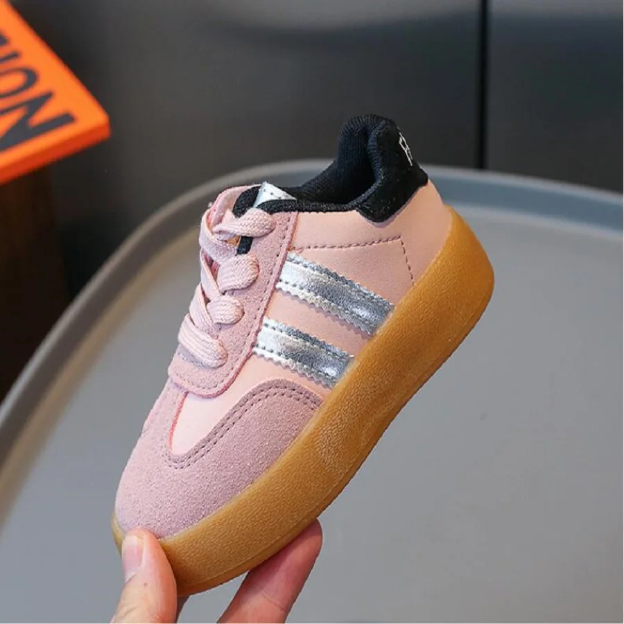 Unisex Children Leather Sneakers Anti-Slippery Soft Sole Casual Shoes All Seasons Black Silver