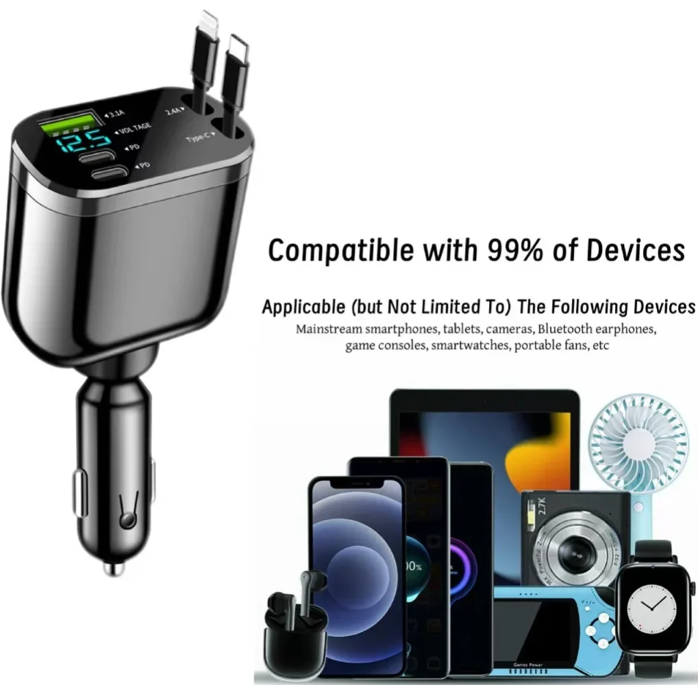 5-in-1 Cigarette Lighter with Intelligent Digital Display,Expandable USB,Car Phone Charger, Car Fast Charging,Hot Selling