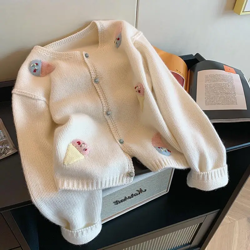 

Women Knitted Cardigan Cute Ice Cream Embroidery Design Japanese Autumn Winter New Style Wide Soft Long Sleeve Western Sweater