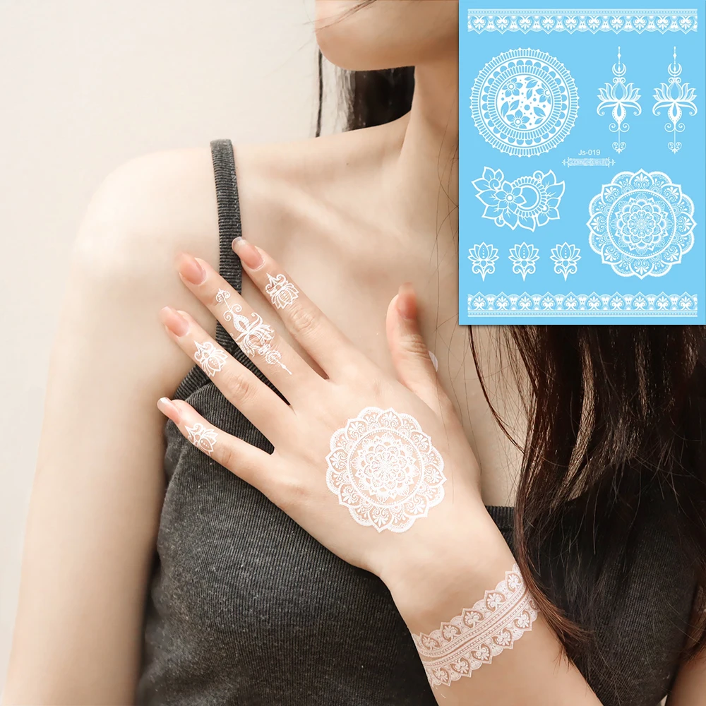 6 أوراق من الوشم المؤقت للحناء البيضاء للنساء - ملصقات فنية للجسم بوهو لنقل المياه مع تصميمات على شكل فراشة من الدانتيل والمدينة