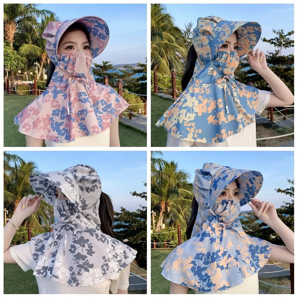 Printing Tea Picking Hat UV Protection Sun Protection Sunshade Shawl Cap Wide Brim Face Mask Neck Protection Hat Outdoor