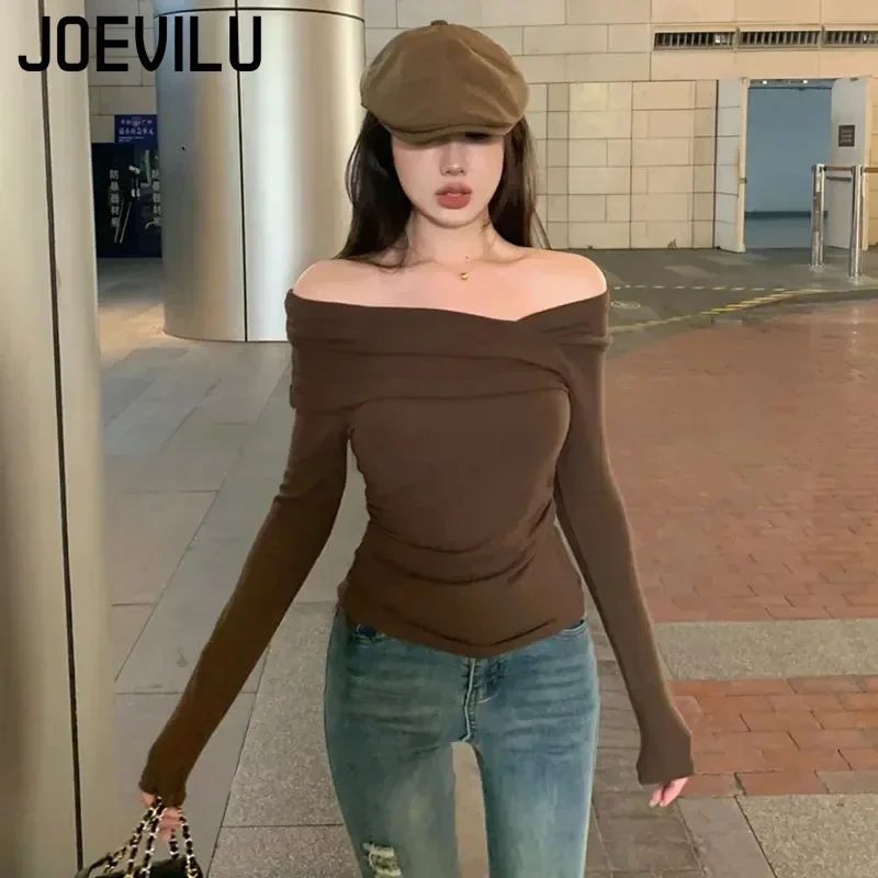 JOEVILU Off Shoulder Long Sleeved T-shirt Women\'s Irregular Slim Fitting Crop Tops Korean Sexy Bottoming Shirt Aesthetic Clothes