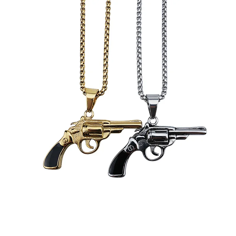 

European and American Personalized Fashion Military Revolver Gold Steel Stainless Steel Pendant Necklace Chains