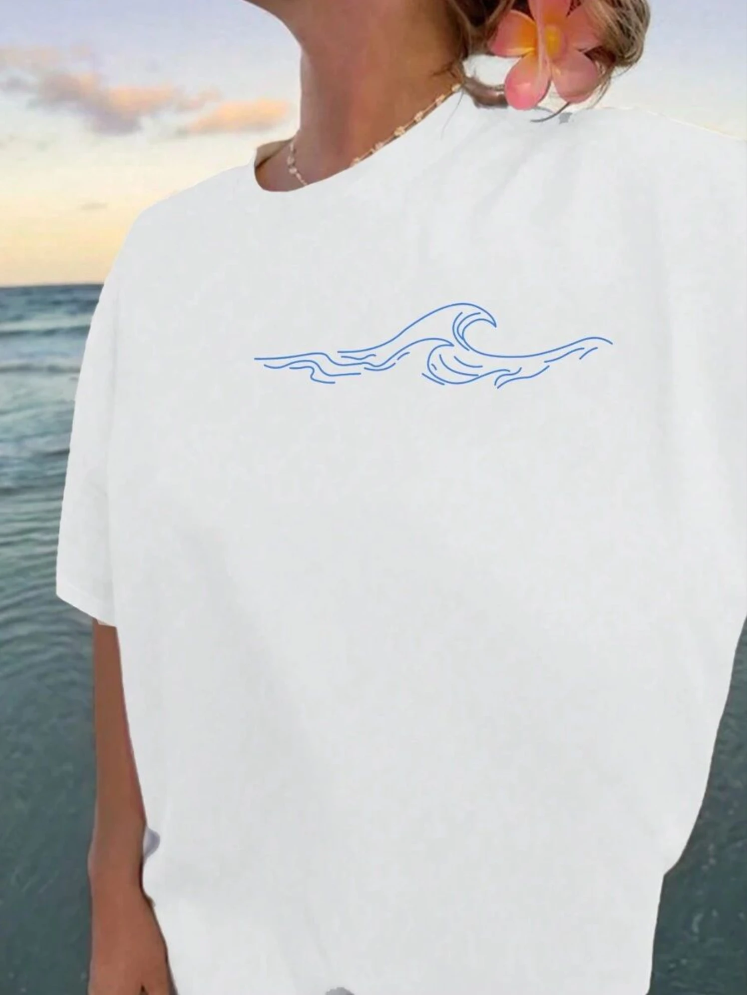Whale and Wave Printed T-shirt Short sleeved Summer Women\'s Popular Fashion New Casual T-shirt Short sleeved Top