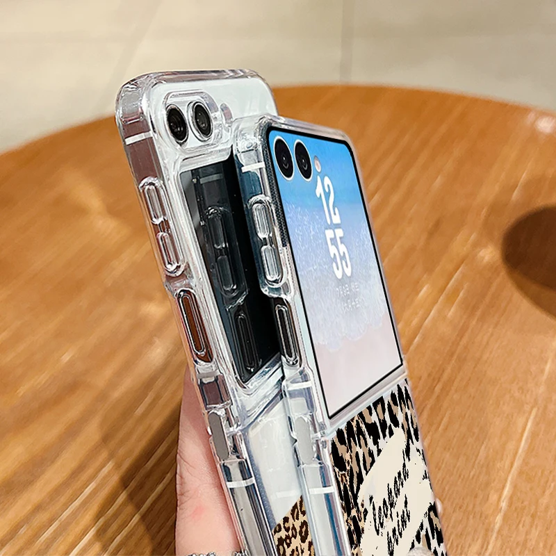 Sexy Leopard Print Pattern Clear Phone Case For Samsung Galaxy Z Flip 7 FE 7 6 5 4 3 Flip7 Flip6 Metal Buckle Folding Soft Cover - view 4