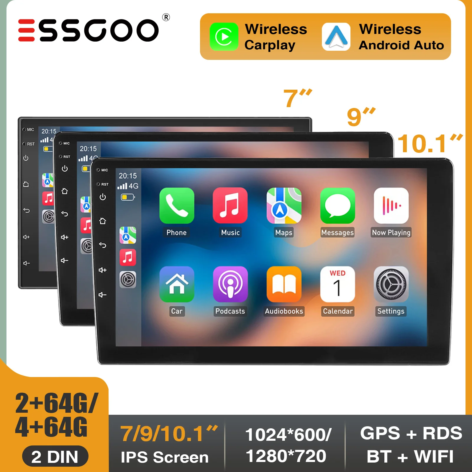 ESSGOO Autoradio 2 DIN 7"/9"/10.1" Android 14 Carplay Android Auto GPS Navi Bluetooth FM RDS WIFI USB SWC IPS Touchscreen