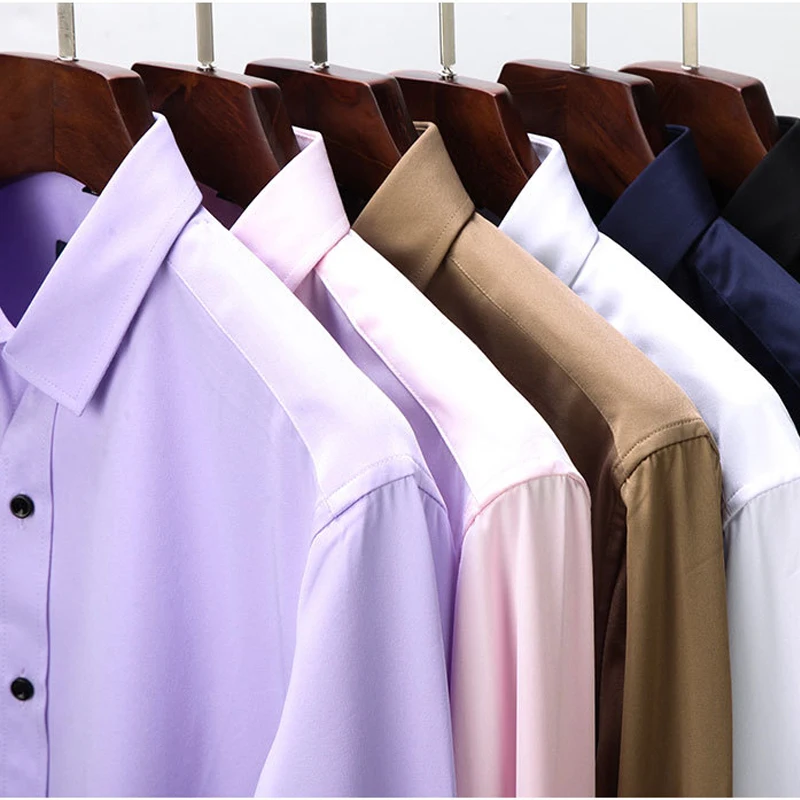 7xL 8XL 2024 Spring New Shirt Elastic Solid Color Non-iron Comfortable Breathable Slim Fit Business Casual Dress Men\'s Large