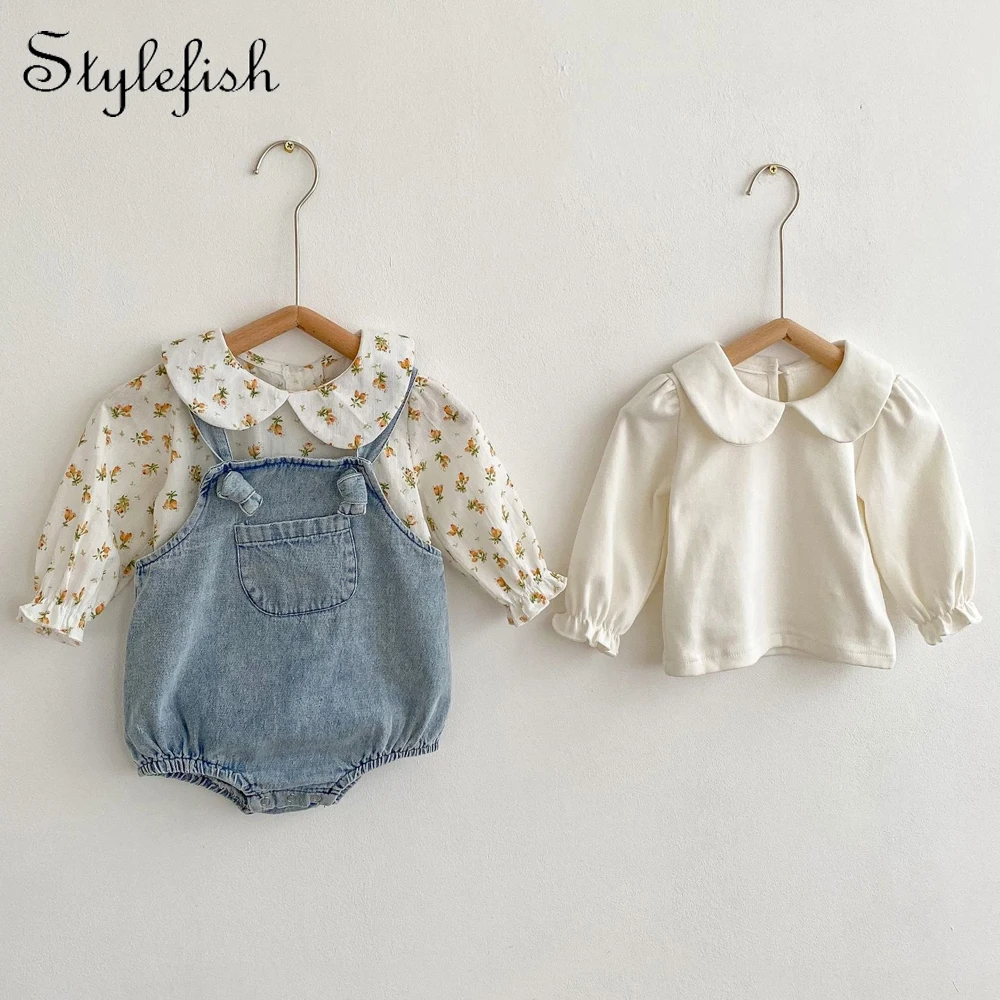 Autumn new style 0-2 year old baby clothing fashion denim overalls+exquisite cute doll collar long sleeved top base shirt