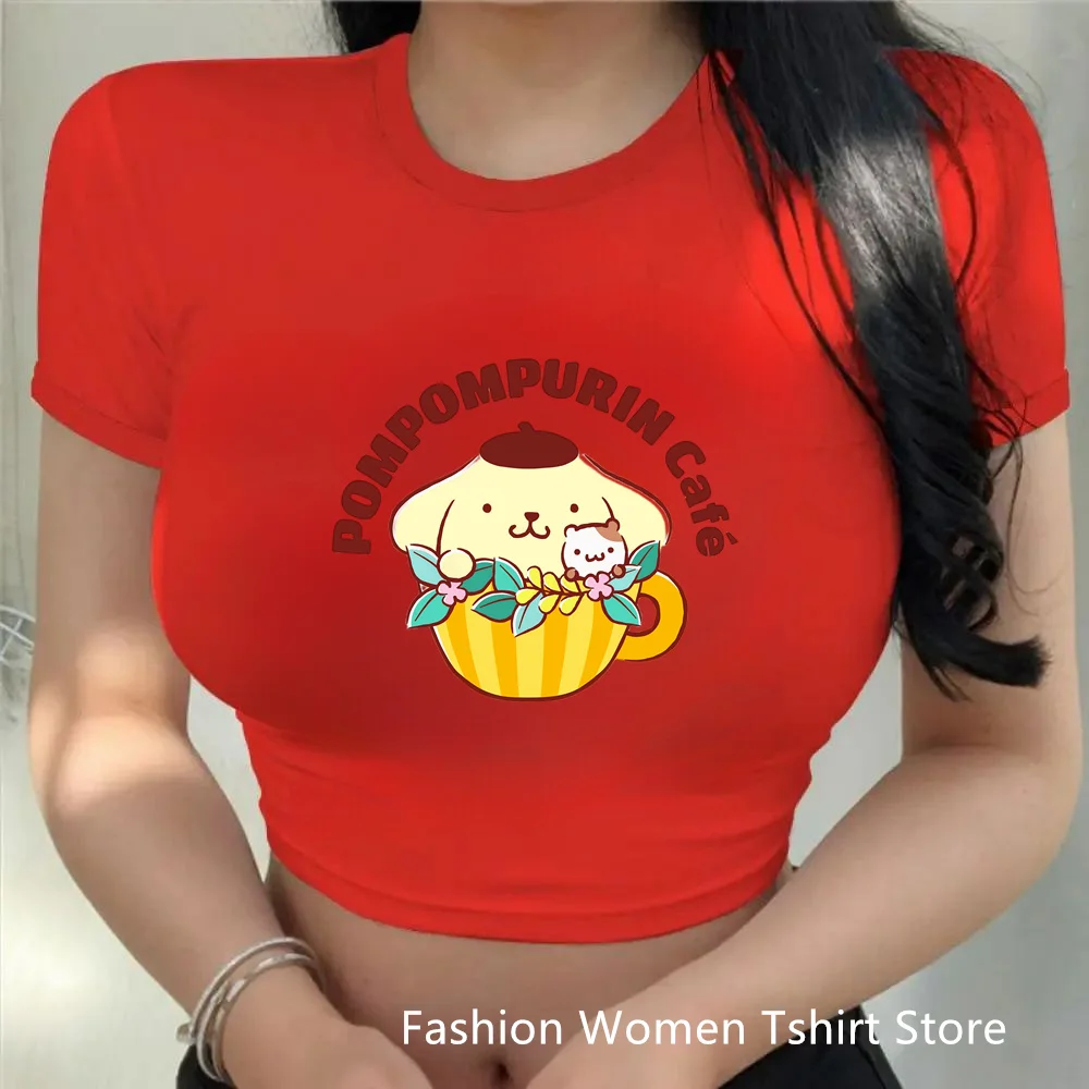 Pom Pom Purin T-Shirt Damen schlanke Ernte Top Cartoon Katze lässig T-Shirt Y2k Top Streetwear sexy Tops kurze Nabel weibliche Kleidung