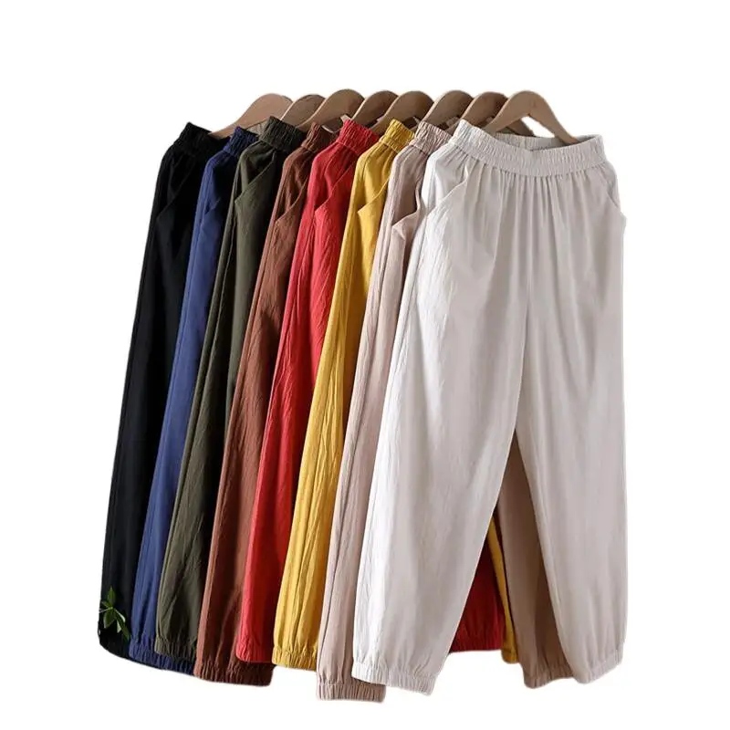 Cotton Linen Casual Joggers Women Comfortable Slim Ankle-Length Pants Solid Color High Waist Harem Pants With Pocket