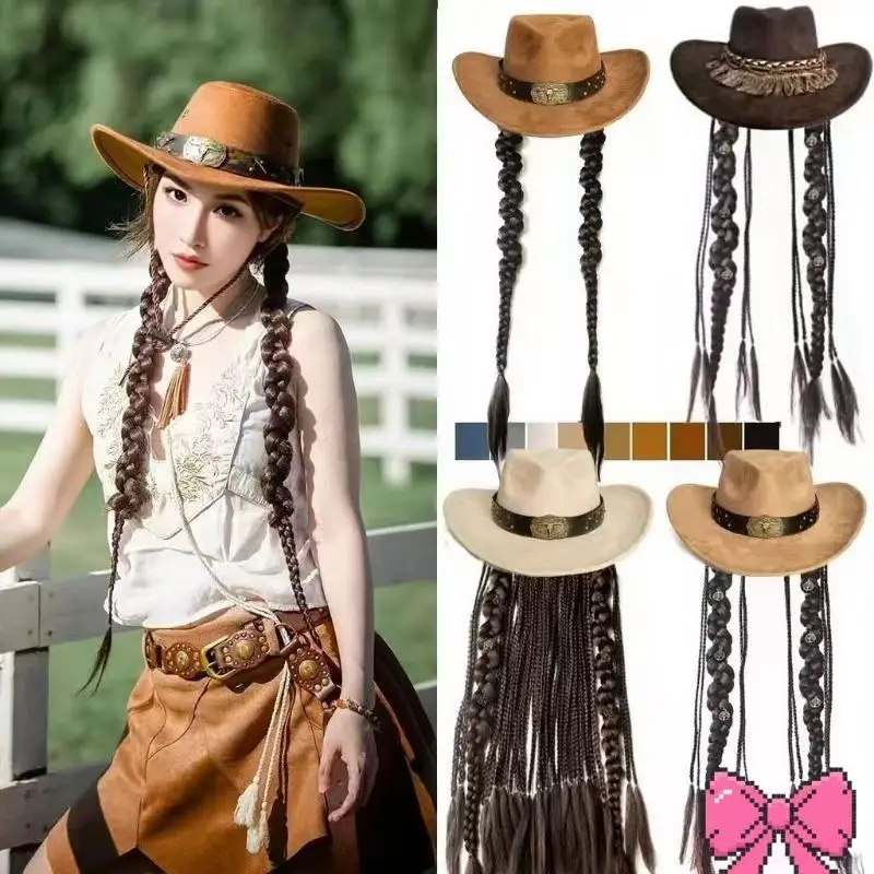 Western Cowboy Hat with Braid - Leather Tibetan Style Wig Cap, Wide Brim Flat Top Riding Hat    bowler hat