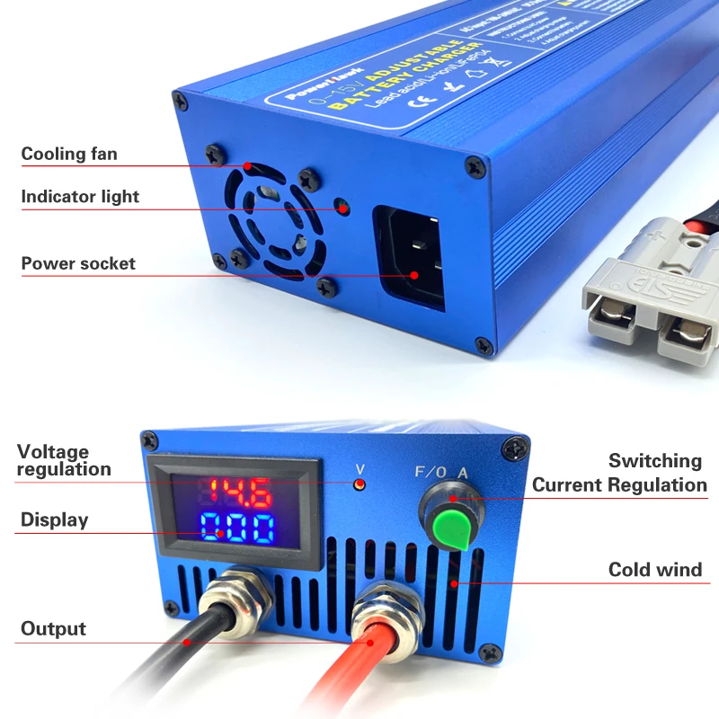 12v Battery Charge 60A Lifepo4 Battery Charger Voltage Current AdjustablFast Charge Lithium Battery Charger14.6V Battery Adapter