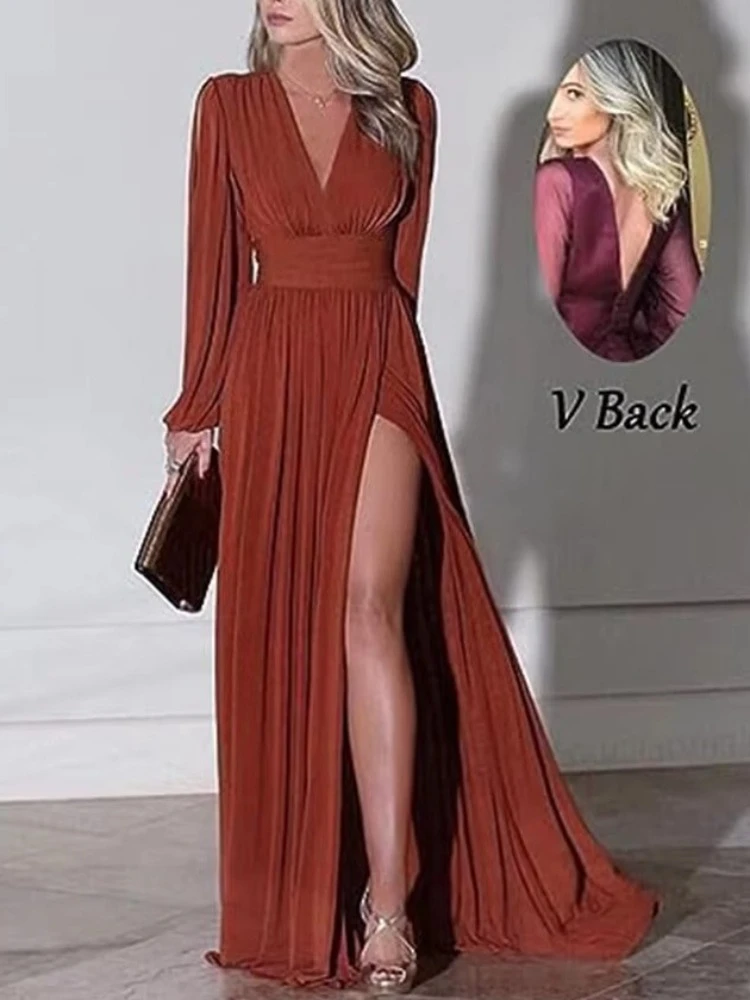 Abiti da sera con scollo a V in chiffon a maniche lunghe Abito con spacco laterale con pieghe Squisiti abiti da ballo di alta qualità per le donne personalizzati