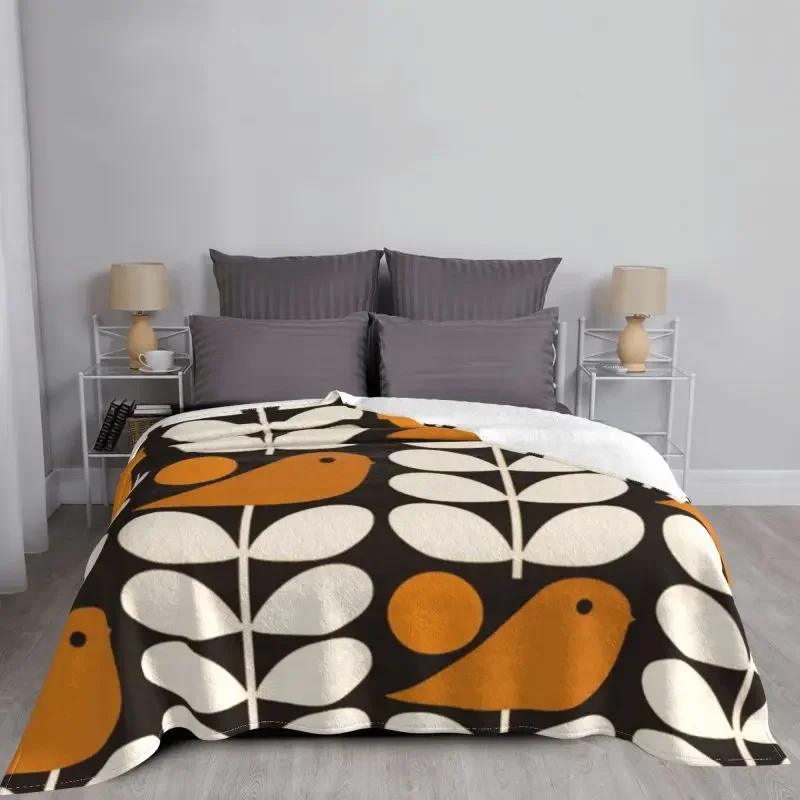 Multistem Birds Black White Orange Blankets Warm Flannel Orla Kiely Scandi Throw Blanket for Sofa Bedroom Bedding