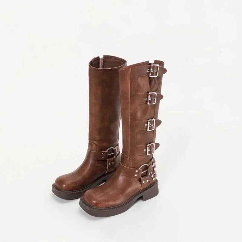 

Tall Knight Boots Women's Fashion Thick-soled Round Head Belt Buckle Thick Heel But Knee Boots