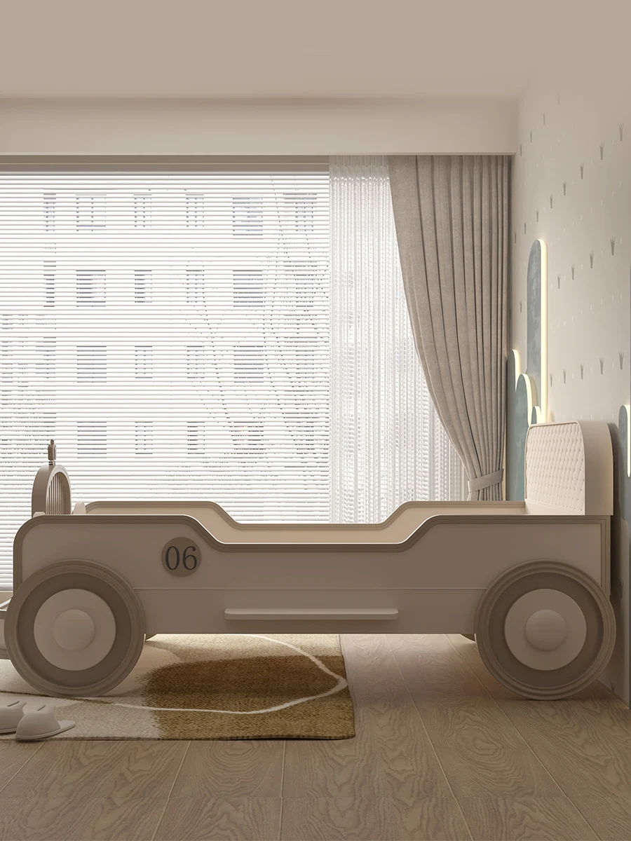 Cama individual de madera maciza con personalidad creativa para niños, coche blanco, artefacto de cuna para niños