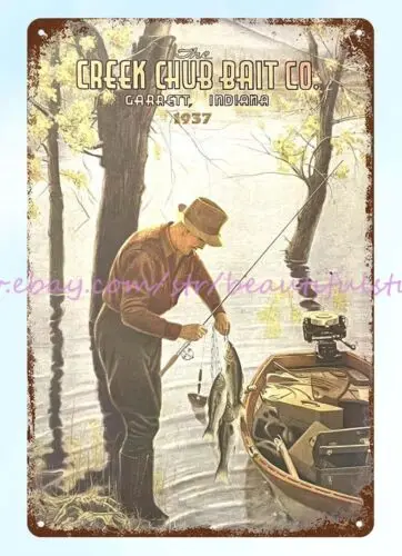 1937 Creek Chub Bait fishing lure Garrett Indiana metal tin sign wall decor