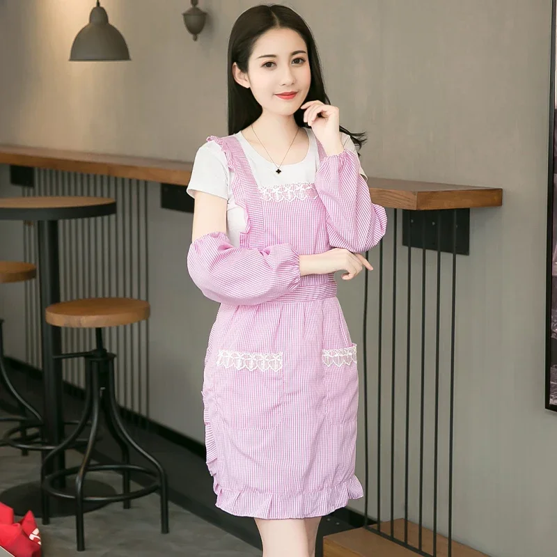 Apron cotton cute Japanese household female fashion sleeves kitchen Korean version waterproof and oil proof