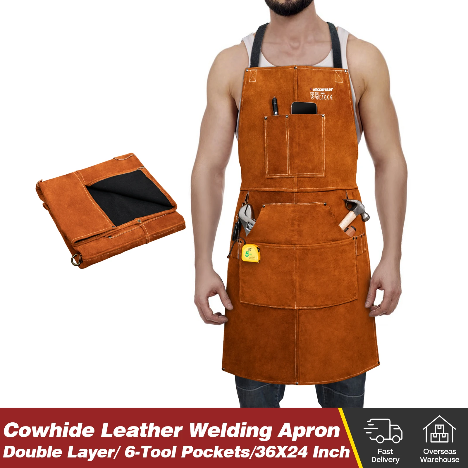 Delantal de soldadura ARCCAPTAIN, delantal de soldadura de cuero de vaca con aislamiento térmico lavable, ropa protectora para soldar, herrero