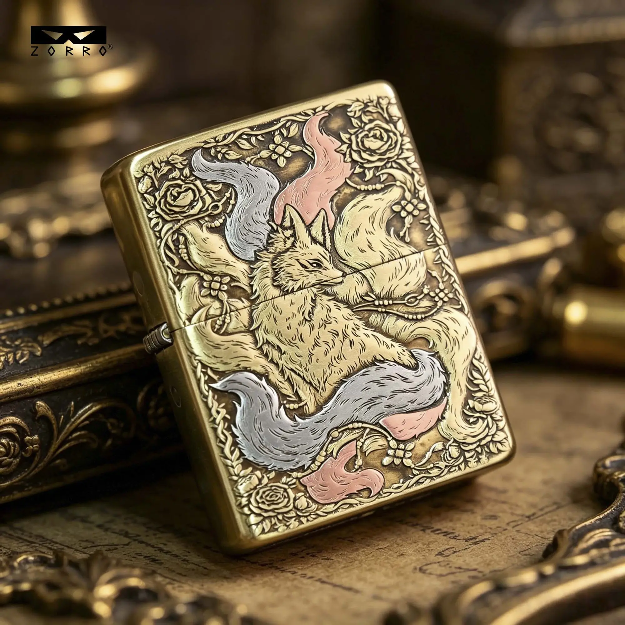 ZORRO ZC8 brass relief inlaid nine tailed fox fuel lighter, ultra short grinding wheel lighter, cigarette accessories,men's gift