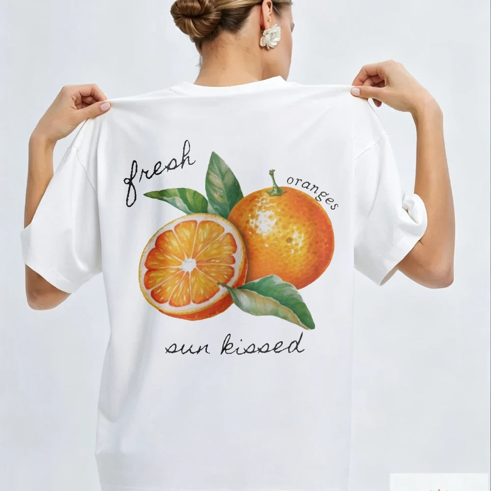 Orange Illustration Fresh Oranges T-Shirt Sun Kissed Green Leaves Crew Neck Short Sleeves Relaxed Fit