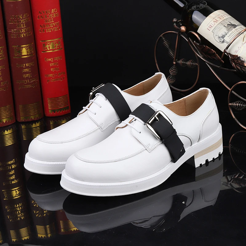 

2023 New White Casual Leather Shoes Trendy Men Fashion Top Leather Men Buckle Platform Leather White Shoes