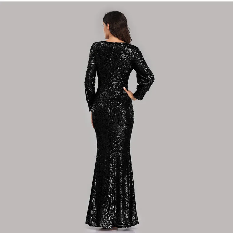 Ladies Party Evening Dress Long Sleeve V Neck Sequin Mermaid Group Evening Dress Female Personalized Sleeve Design Stage Catwalk