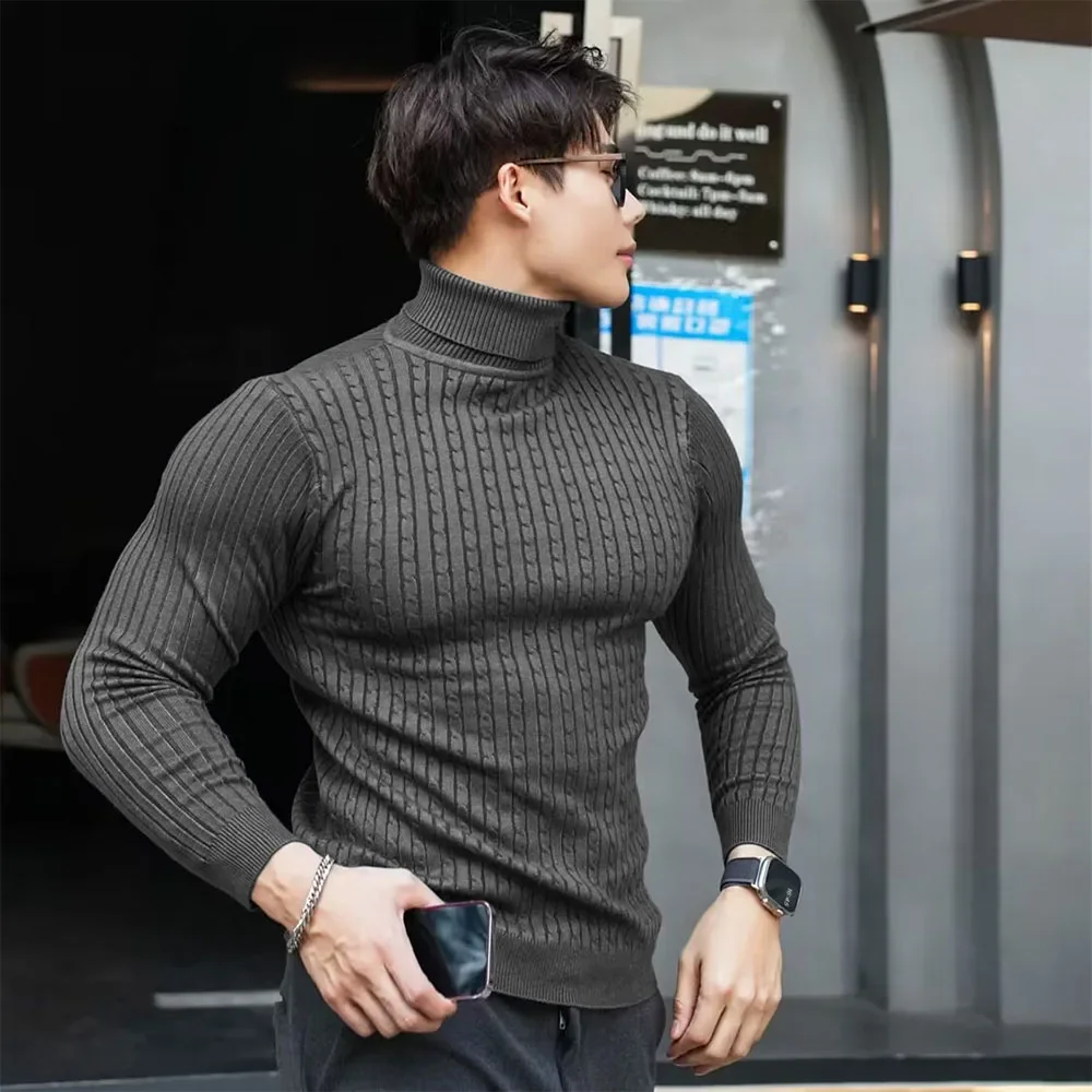 Neue männer Rollkragen Pullover Herbst Gestrickte Gestreifte Streetwear Warme Lange Ärmeln Pullover Einfarbig Grundlegende Stil Casual Tops