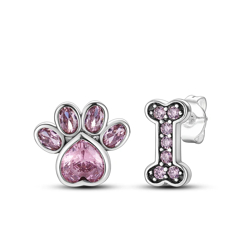 925 Sterling Silver Cat Dog Animal Paw Prints Bone Series Stud Earring Zircon For Women Exquisite Daily Wear Jewelry Fine Gifts