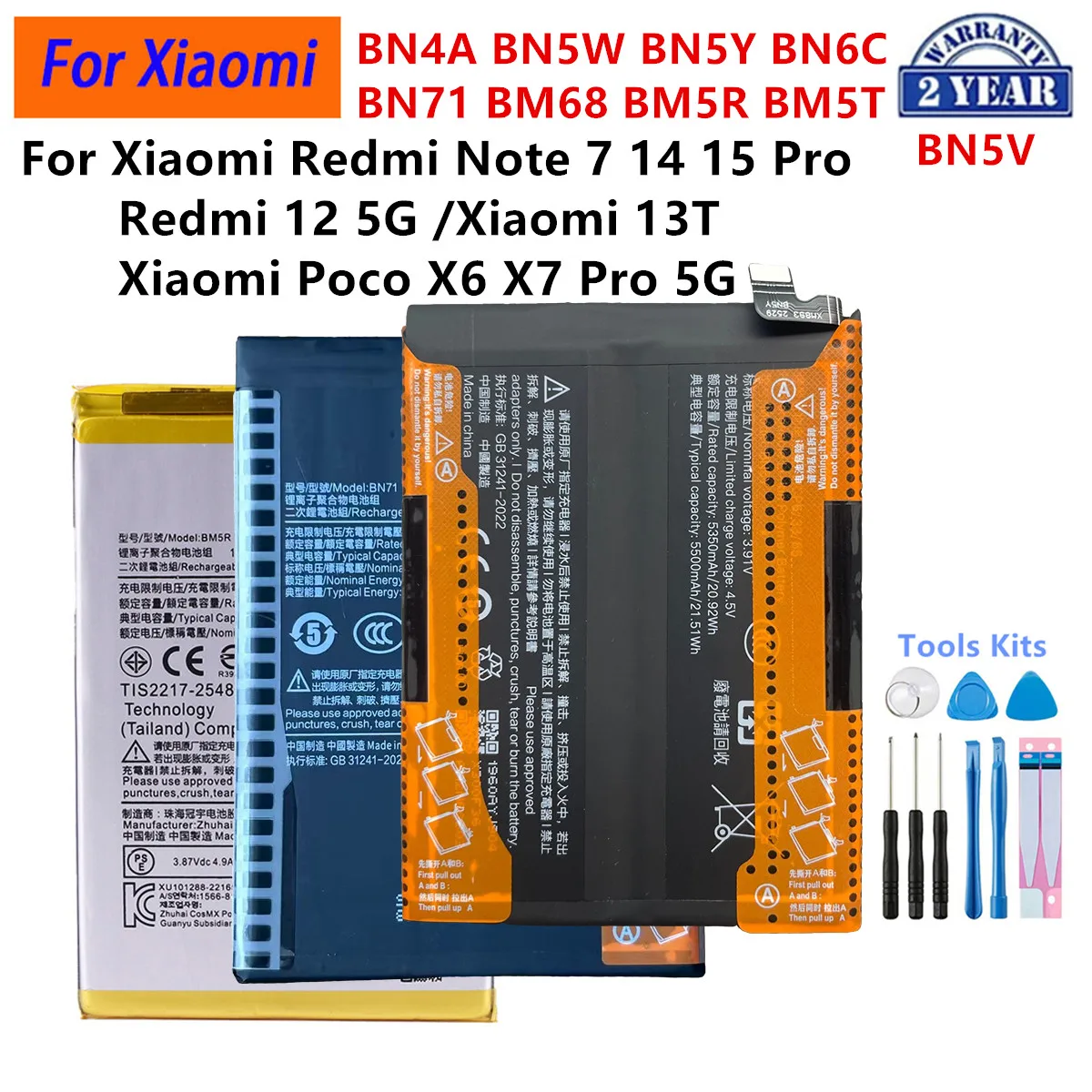 

BN4A BN5W BN5Y BN6C BN71 BM68 BM5R BM5T BN5V BP59 Battery For Xiaomi Redmi Note 7 14 15 Pro Xiaomi 13T Redmi 12 Poco X6 X7 5G