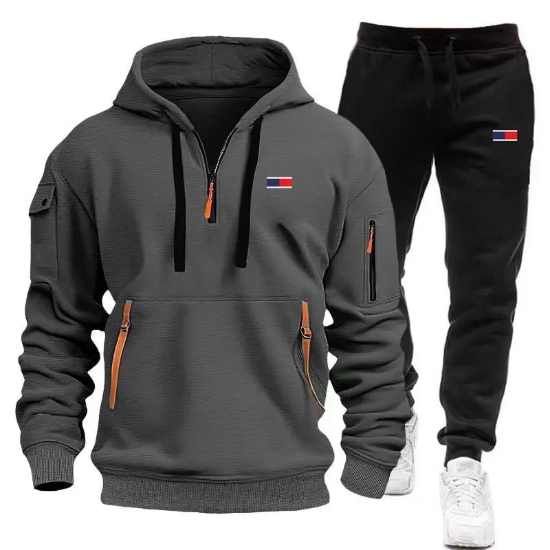 New Men\'s Sets Tracksuit Hoodie Pants Arm Pocket Zipper Fashion Outdoor Jogging Sportswear Designer Clothing Man Suit Large Size