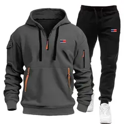 New Men's Sets Tracksuit Hoodie Pants Arm Pocket Zipper Fashion Outdoor Jogging Sportswear Designer Clothing Man Suit Large Size