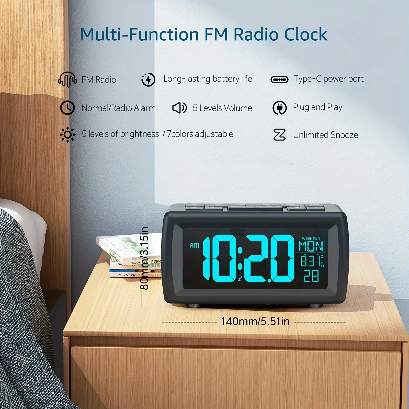

Digital FM Alarm Clock Radio with USB Charging Port Ultra-Clear VA Screen 7 Color Modes Adjustable Volume Sleep Timer Alarm