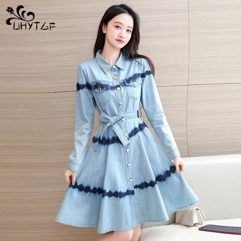 UHYTGF Women Denim Dress With Belt 2024 Summer For Women Jeans Dresses Colorblock Long Dress Casual Denim Jacket Ladies 1028