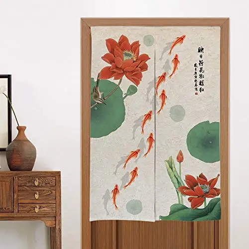 Chinese Ink Koi Fish Print Japanese Noren Doorway Split Curtains Kitchen Entrance Hanging Curtain Door Decoration Linen Curtains