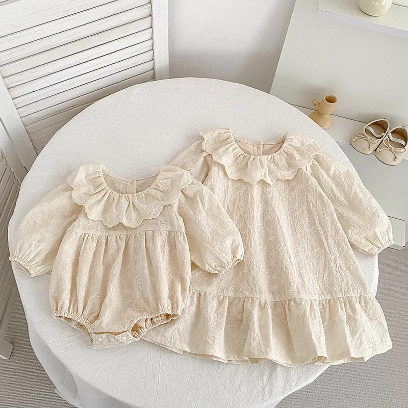Spring Baby Girls Long Sleeve Sweet Sisters Embroidered Dress Autumn Infant Nebworn Toddler Rompers Kids Princess Eid Clothes
