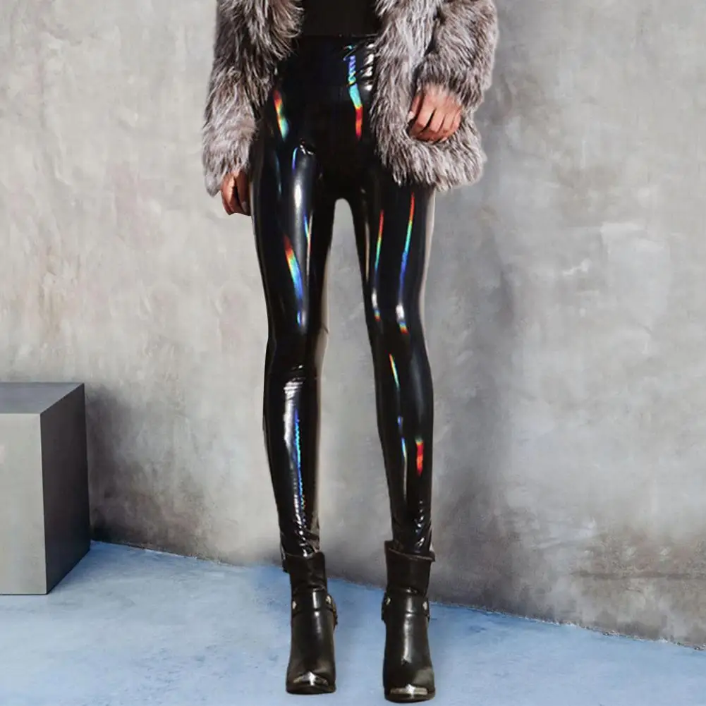 

Women Pencil Pants Shinny Slim Trousers Women's High Waist Faux Leather Pencil Pants for Nightclub Solid Color Mirror Surface