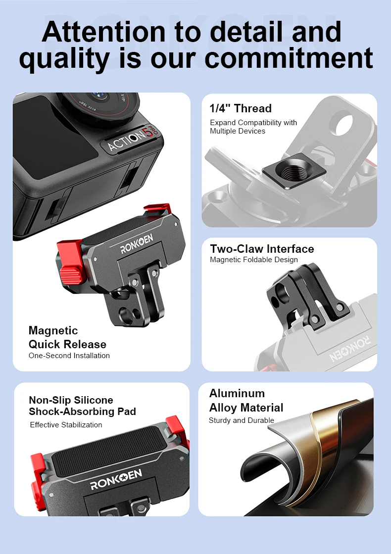 Ronkoen für DJI Osmo Action 6/NANO Zubehör, Metall-Schnellverschlusshalterung, Halterung aus Aluminiumlegierung, drehbares Design – Detail 3