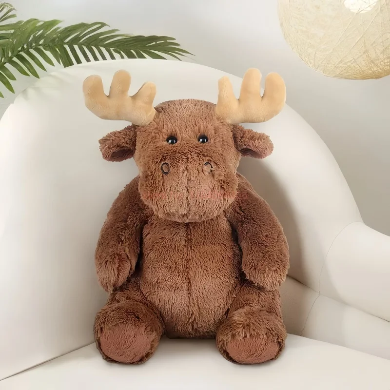 Jouet en peluche d'élan de noël avec bois, poupée assise de renne en peluche douce pour enfants, ornement de canapé, cadeaux Surprise d'anniversaire pour enfants