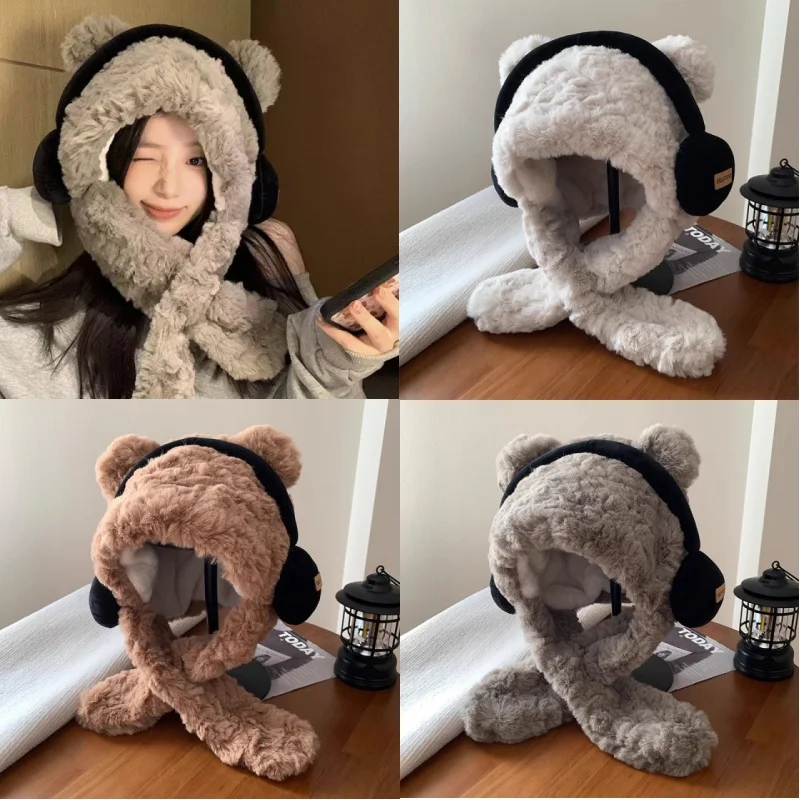 دافئ فروي سماعة الدب وشاح المتكاملة قبعة المرأة الخريف الشتاء المألوف واقية الأذن قبعة الباردة والدليل على الكرة كاب #1