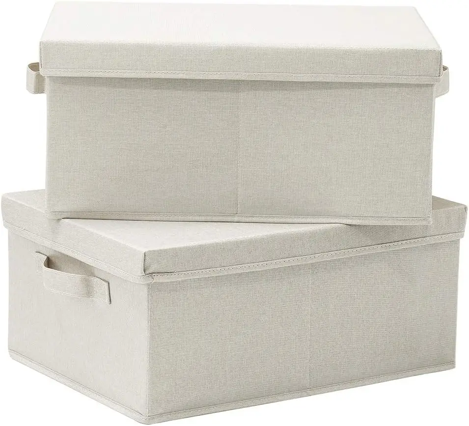 

Foldable Storage Bins with Lids, 2 Pack, Heavy Cardboard Boxes for Shoes, Books, Clothes, Beige