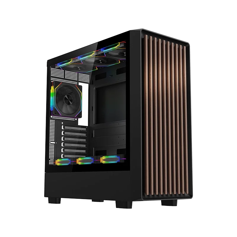 

Desktop Gaming Computer Case Wooden Front Panel Glass Side Transparent ATX Motherboard