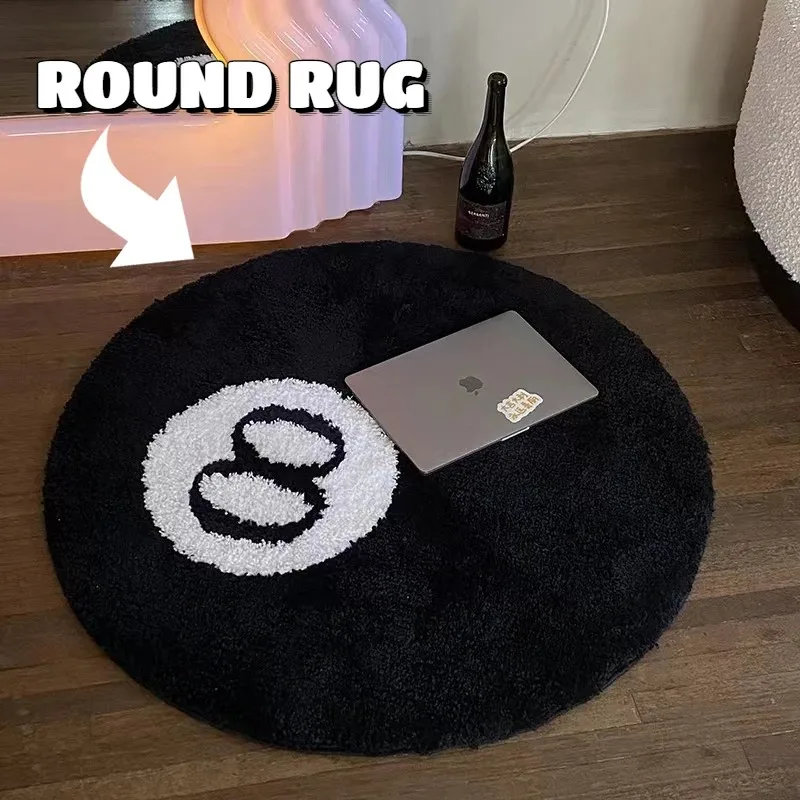 

Fashion Billiards No.8 Ball Round Rug Tufting Soft Chair Mat Black and White Lounge Non-slip Bath Floor Mat Kids Bedroom Carpet