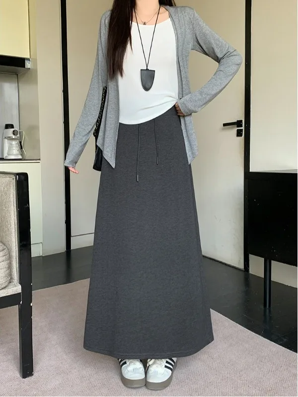

plus Size Casual Leisure Half Skirt High Waist Slimming Versatile Design Drawstring Long Skirt for Pear Shaped Women