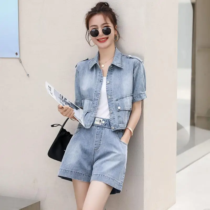 Denim Short Jacket Female Short-Sleeved Harem Cropped Trousers 2023 Summer New Korean Fashion Loose Thin Two-Piece Suit Commute